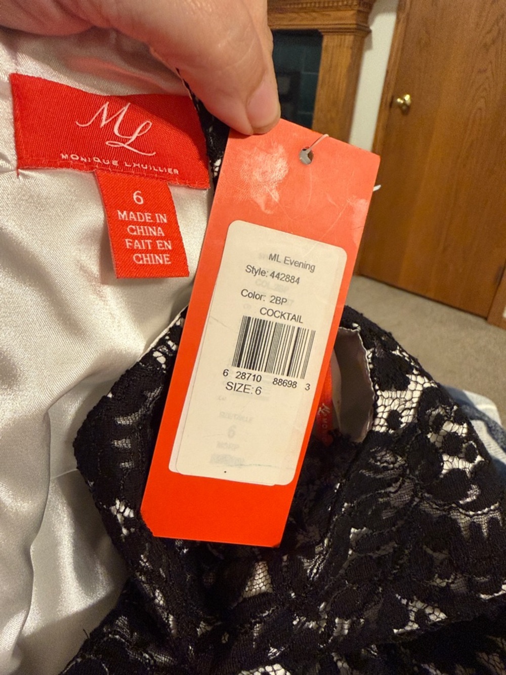 NWT MONIQUE LHUILLIER Black Lace Beaded Waist Bodycon Cocktail Midi Dress 6 - Picture 2 of 11
